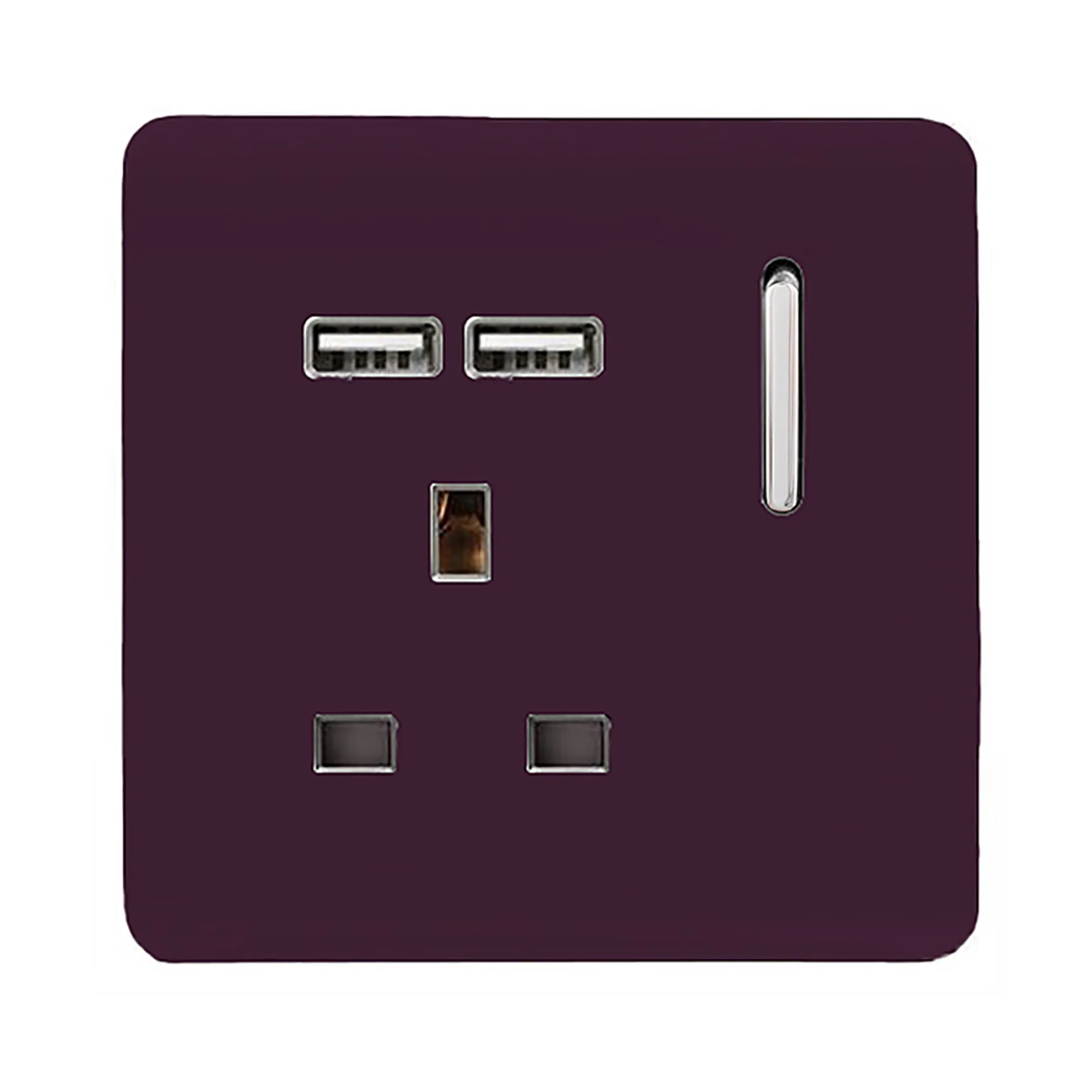 1 Gang 13Amp Switched Single Socket With 2 x USB Plum